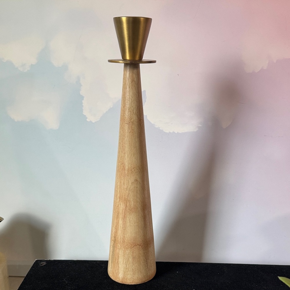 "Elizabella Natural Wood Tapered Brass Candlestick Holder" by Shiraleah